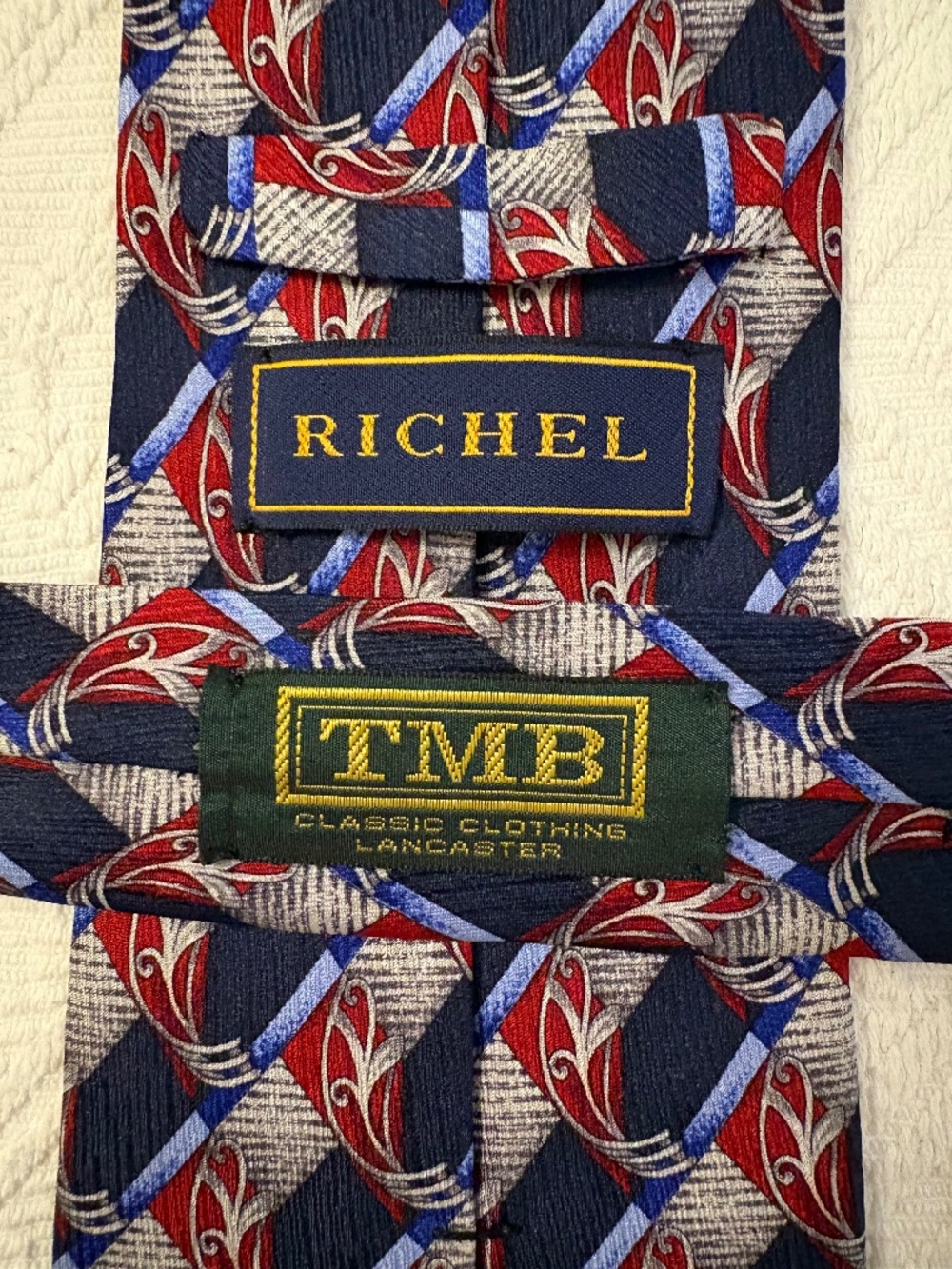 Vintage Richel Handmade Silk Tie Geometric Art Deco Navy Red Silver TMB Men's Ne